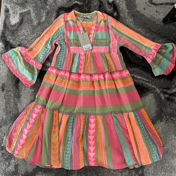 Devotion Twins Ella Embroidered Cotton Multicolor Tunic Mid Dress - Picture 6 of 9